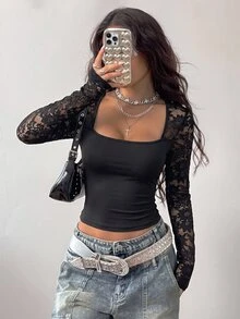Coolane 女款秋冬街頭風休閒日常約會優雅Y2K彈性對比蕾絲蝴蝶結黑色抹胸方領長袖T恤 - 黑色 - 查看 6