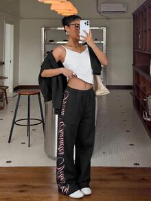 Muchica Letter Print Black Hoodie & Sweatpants Sports Set - Black - View 6