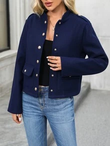 EMERY ROSE Jaket Lengan Panjang Kasual Warna Polos Serbaguna untuk Wanita, Pakaian Musim Gugur untuk Wanita, Busana Musim Dingin untuk Wanita - Navy Blue - View 8