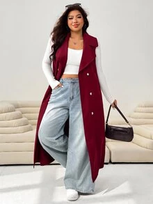 SHEIN EZwear 酒紅色休閒女款大尺碼雙排扣風衣外套 - 酒紅色 - 查看 8