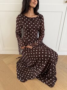 Aloruh 女款圓領波點圖案喇叭袖優雅洋裝 - 摩卡棕 - 查看 5