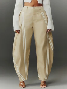 NYA SZN Women's Striped Pocket Loose Casual Curved Leg Pants - Khaki - View 5