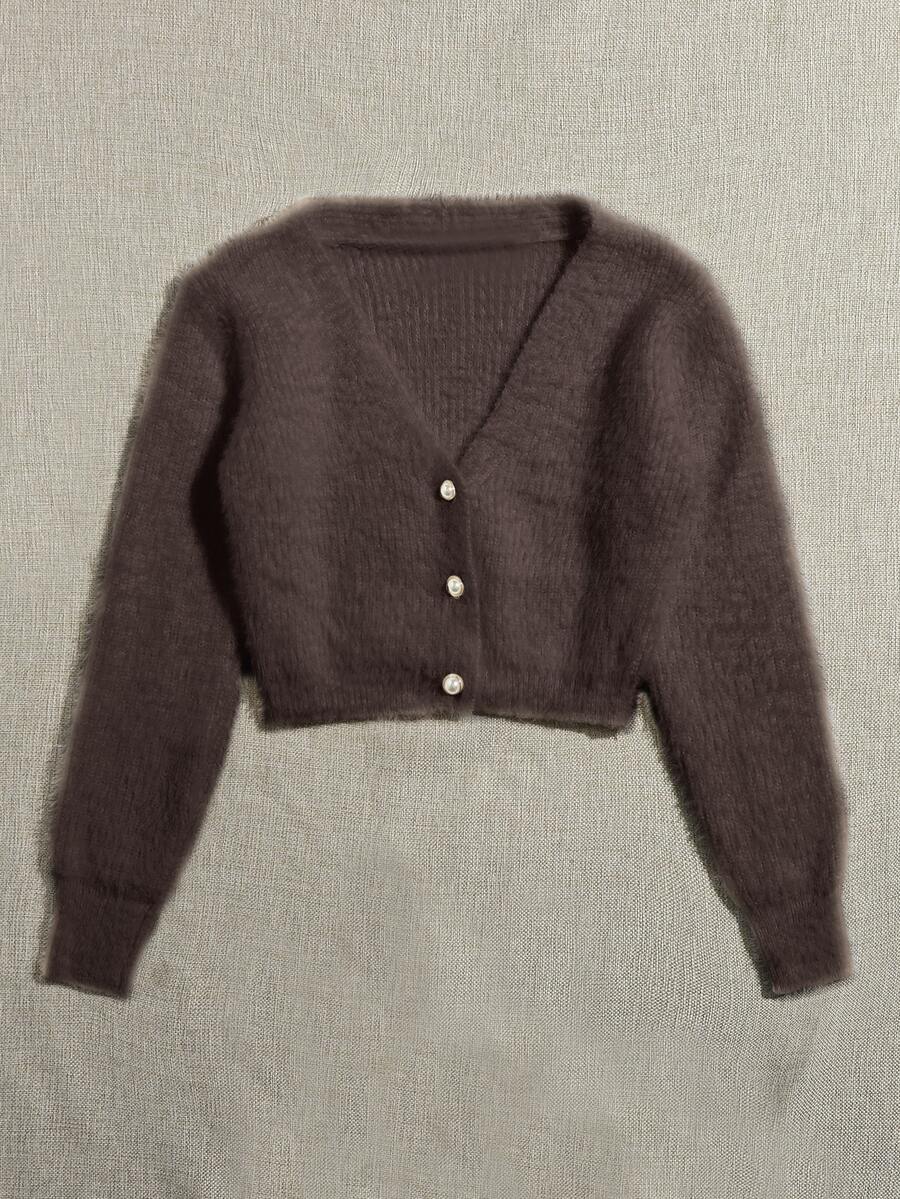 SHEIN Unity 女款素色休閒百搭日常開襟衫 - 棕色 - 查看 1