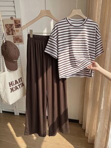 CovetEZ 大尺碼夏季紅色條紋T恤與長褲休閒兩件套 - 棕色 - 查看 10