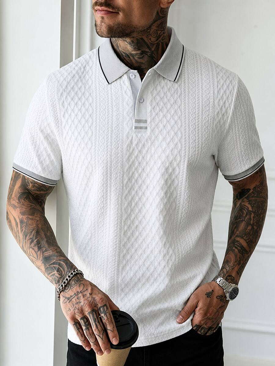 Manfinity Homme Men's Knitted Jacquard Solid Color Textured Collar And Cuffs Ribbed Striped Two-Button White Polo Shirt - White - View 1