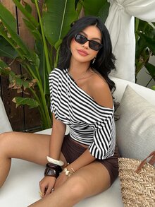 Aloruh Asymmetrical Shoulder Loose Top With Ruched Waist, Simple Basic Striped T-Shirt - Black and White - View 8