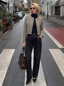 Struktiv Women's Plaid Tweed Round Neck Pearl Button Short Jacket, Elegant Office Wear For Spring And Autumn - Multicolor - View 3