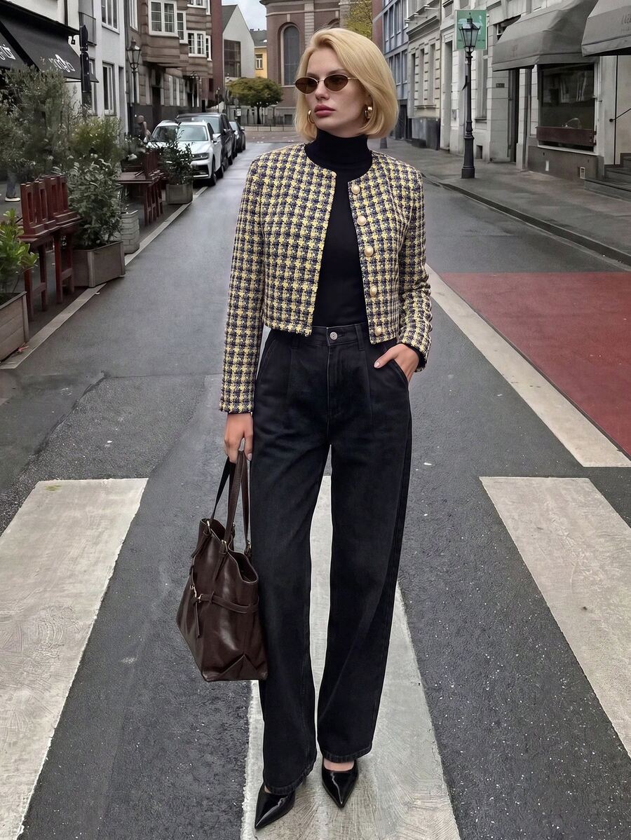 Struktiv Women's Plaid Tweed Round Neck Pearl Button Short Jacket, Elegant Office Wear For Spring And Autumn - Multicolor - View 1