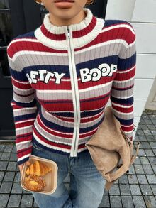 Betty Boop x DAZY Curve Contrast Color Patchwork Striped Letter Jacquard Long Sleeve Street Casual Slim Fit Blogger Autumn/Winter Sweater Cardigan - Multicolor - View 8