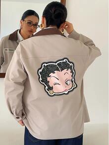 Betty Boop x DAZY Curve Cartoon Print Colorblock Patchwork Loose Casual Blogger Style Spring Autumn Jacket - Khaki - View 7