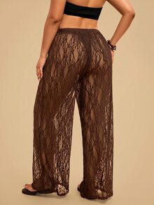 Travachic Plus Size Women's Lace Sheer Solid Color Beach Cover - Coffee Brown - View 2