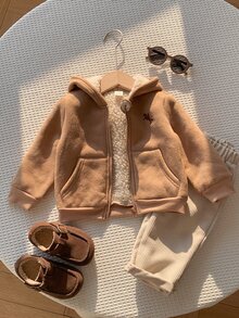 SHEIN 中性嬰兒男孩/女孩、幼兒秋冬超厚抓絨內裡連帽夾克，嬰兒加厚外套，冬季外套，絎縫外套，抓絨，加厚 - 棕色 - 查看 8
