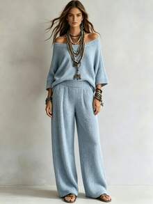 SHEIN 2026 New American European Style Knit 2 Pieces Set Casual Loose Cold Shoulder 3/4 Sleeve Top + Wide Leg Pants - Dusty Blue - View 4
