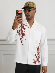 Manfinity AFTRDRK Men's Printed Long Sleeve Button Up Shirt, For Fall Holiday - Red - View 5