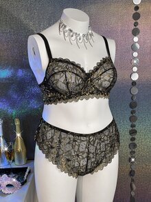 MidnightGlam Black & Gold Sexy Soft Lace Elegant Noble All-Season Fashion Triangle Panties Plus Size Sexy Lingerie Set 2pcs - Multicolor - View 1