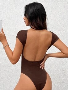 SHEIN PETITE 女款性感緊身露背連身衣，夏季 - 棕色 - 查看 1