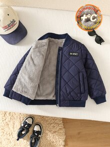 SHEIN 兒童小男孩休閒舒適梭織標籤口袋抓絨內裡連帽加厚填充外套冬季外套 - 藏蓝色 - 查看 3
