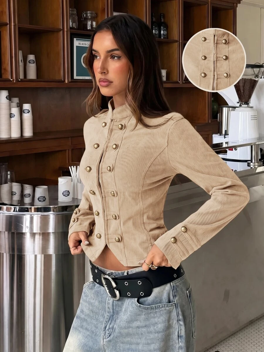 Muchica Vintage Retro Beige Corduroy Double Breasted Jacket – Autumn Casual Elegant Festival Vacation Outerwear For Women, Holiday Night Outfit Everyday - Apricot - View 1