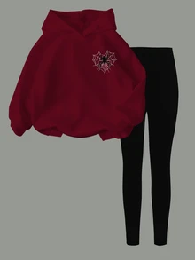 SHEIN Girlism 青少年女孩休閒極簡酷感愛心蜘蛛網與黑色蜘蛛圖案，復古深紅色，寬鬆套頭連帽衛衣舒適長袖運動衫與內搭褲2件套，適合秋冬舒適秋季與冬季風格，返校季，街頭風，新款 - 彩色 - 查看 2