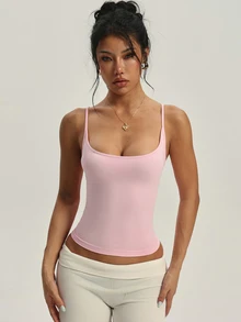 SHEIN Dewbera 女款無縫瑜伽運動背心，露背細肩帶設計 - 粉色 - 查看 6