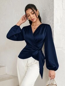 Modelyn 女款純色V領腰部打結休閒百搭日常外出襯衫 - 藏蓝色 - 查看 7