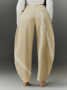 NYA SZN Women's Striped Pocket Loose Casual Curved Leg Pants - Khaki - View 2