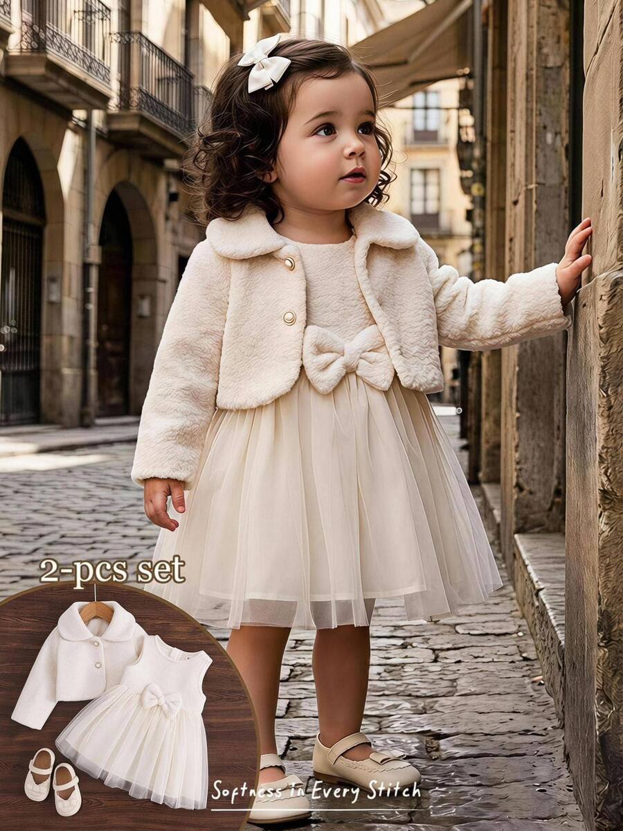 Cozy Pixies Set Pakaian Bayi Perempuan: Gaun dan Jaket Lengan Panjang dengan Hiasan Pita dan Patchwork Jala - Putih - View 1