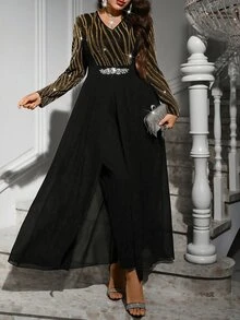 Reflora Mono de moda diario para mujer talla grande con cuello en V y decoración de strass - Negro - Ver 7