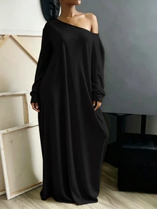 INAWLY Solva Gaun Wanita Serbaguna Minimalis Warna Polos dengan Bahu Asimetris untuk Liburan - Hitam - View 2