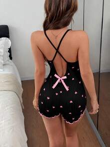 Napfluff Ins Small Heart Print Lace Patchwork Bow Decor Women's Romper Pajamas - Black - View 2