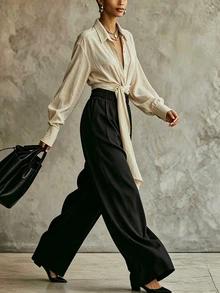 SHEIN Conjunto Feminino Casual Minimalista de 2 Peças para Trabalho, Rua e Dia a Dia, Top Damasco com Abertura Frontal de Botões, Design de Cintura com Amarração, Manga Longa, Top Curta, Calça Preta Perna Larga com Cintura Elástica, Estilo Versátil e Combinável, Tecido Confortável, Design Exclusivo, para Primavera, Outono, Inverno, Festival da Primavera, Feriados, Passeios, Viagens, Encontros com Amigas, Casa, Compras, Lazer e Mais - Multicolorido - Visão 4