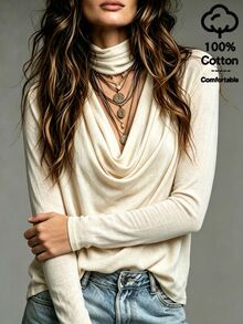 SHEIN Soft Beige-Apricot Micro-Crinkled Textured Knit Fabric Layered High Neck With Large Natural Draped Pleats V-Neck Structure Standard Shoulder Straight Long Sleeve Flat Hem Exquisite Niche Design Long Sleeve Inner Top - Apricot - View 3