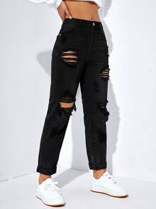 SHEIN EZwear 女款休閒日常穿著牛仔褲，附口袋、鈕扣與破洞設計 - 黑色 - 查看 3