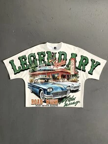 StoneGrade 美式復古汽車餐廳海報時尚印花 男款杏色 標準尺寸 短版寬鬆蝙蝠袖短袖T恤 - 杏色 - 查看 1