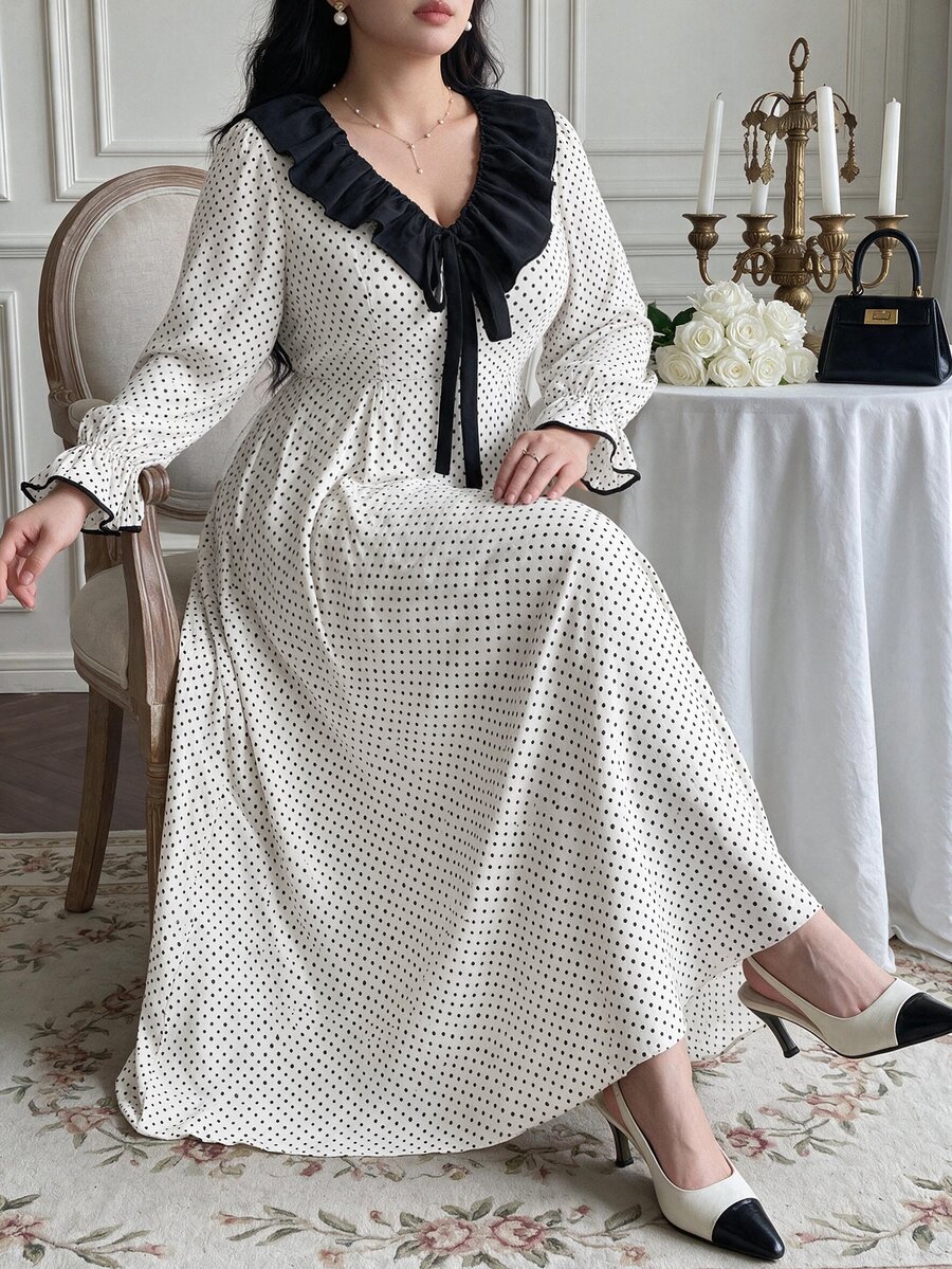 Vibekara New Elegant Fashion Minimalist Commuter Style Contrast Color Wide Ruffle Collar Puff Long Sleeve Dress, Vacation Polka Dot Element Patchwork Contrast Color Dress - Multicolor - View 1