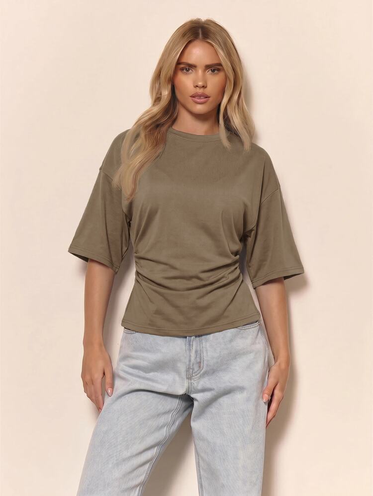 MUSERA Kaos Lipit yang Mengencangkan Pinggang, Koleksi Pakaian Liburan Kasual, Kaos Longgar Sehari-hari, Liburan di Bandara, Musim Semi dan Musim Panas - Grey - View 1