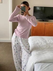 DAZY 青少年女孩秋季服飾 寬鬆舒適春秋居家休閒套裝 V領T恤與格紋直筒長褲 - 淺粉色 - 查看 1