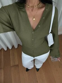 Siren Gaze 女款素色鈕扣收腰針織開襟衫，休閒日常穿著，適合秋冬 - 軍綠色 - 查看 6