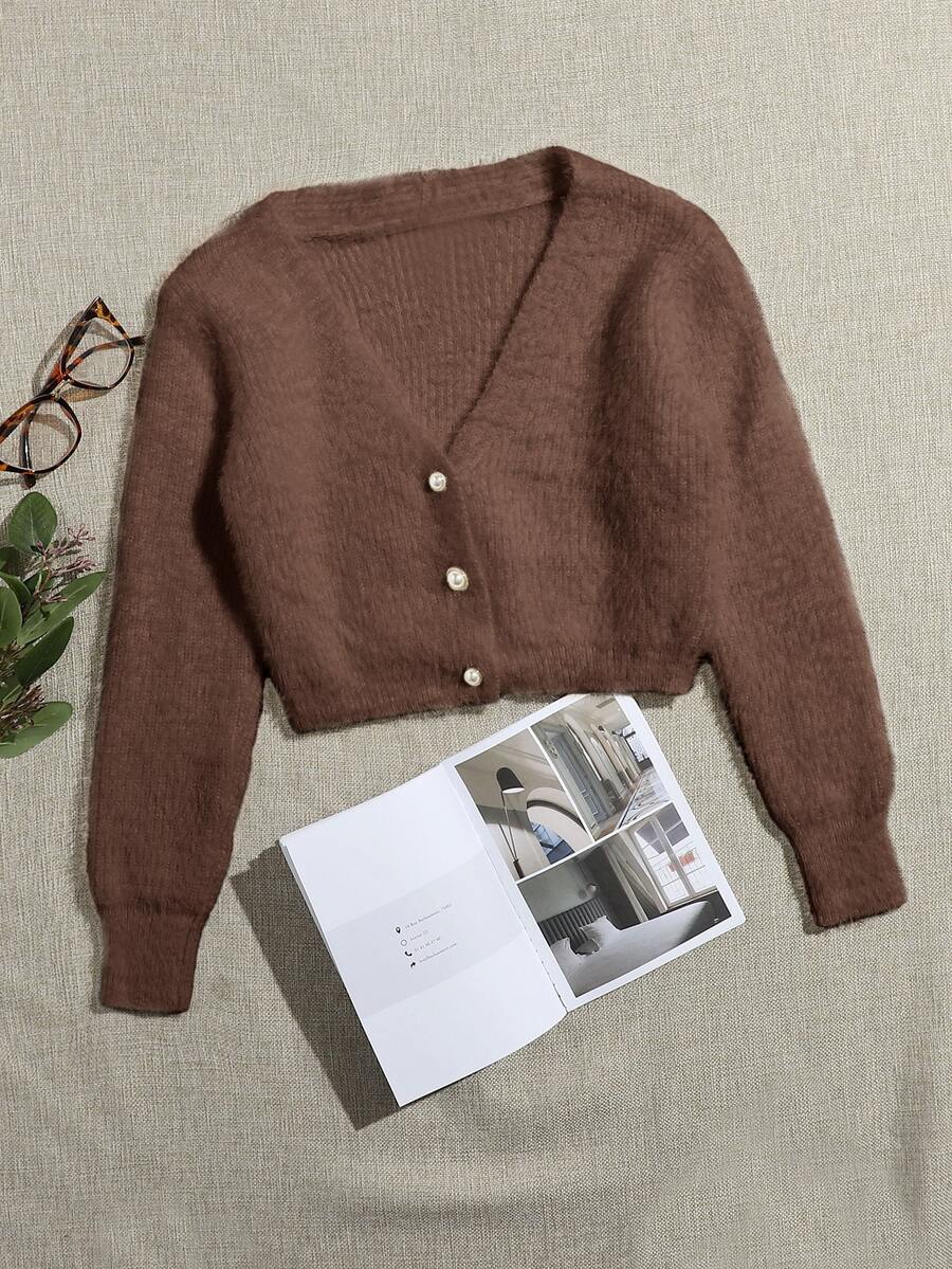 SHEIN Unity Women's Solid Color Casual French Elegant Versatile Daily Wear Cardigan Brunch Tea Party Shades Of Brown Autumn - Brown - View 1