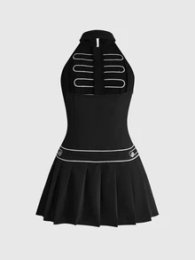 ROMWE Grunge Punk Summe Outfits Nautical Punk Napoleon Button Design Colorblock Fitted A-Line Short Dress - Black - View 2