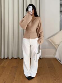 Siren Gaze Women's Solid Color Button-Front Fitted Waist Knit Cardigan, Casual Everyday Wear, Autumn/Winter - Camel - View 5
