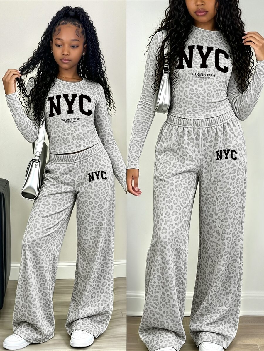 (1套) 秋季女童休閒時尚極簡風 NYC 灰色豹紋基礎款抽褶腰長袖T恤與寬腿褲 - 彩色 - 查看 1