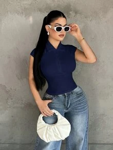 SHEIN SXY قميص صيفي كاجوال بلون موحد بأزرار نصفية مقاس كبير - أزرق بحري - مشاهدة 5