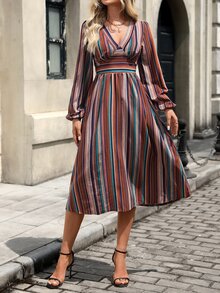 EMERY ROSE Autumn/Winter Women's Colorblock Brown And Teal Stripe V-Neck Midi Dress Lantern Long Sleeves High Waist Ruched A-Line Slimming Vintage Elegant Brunch - Multicolor - View 1