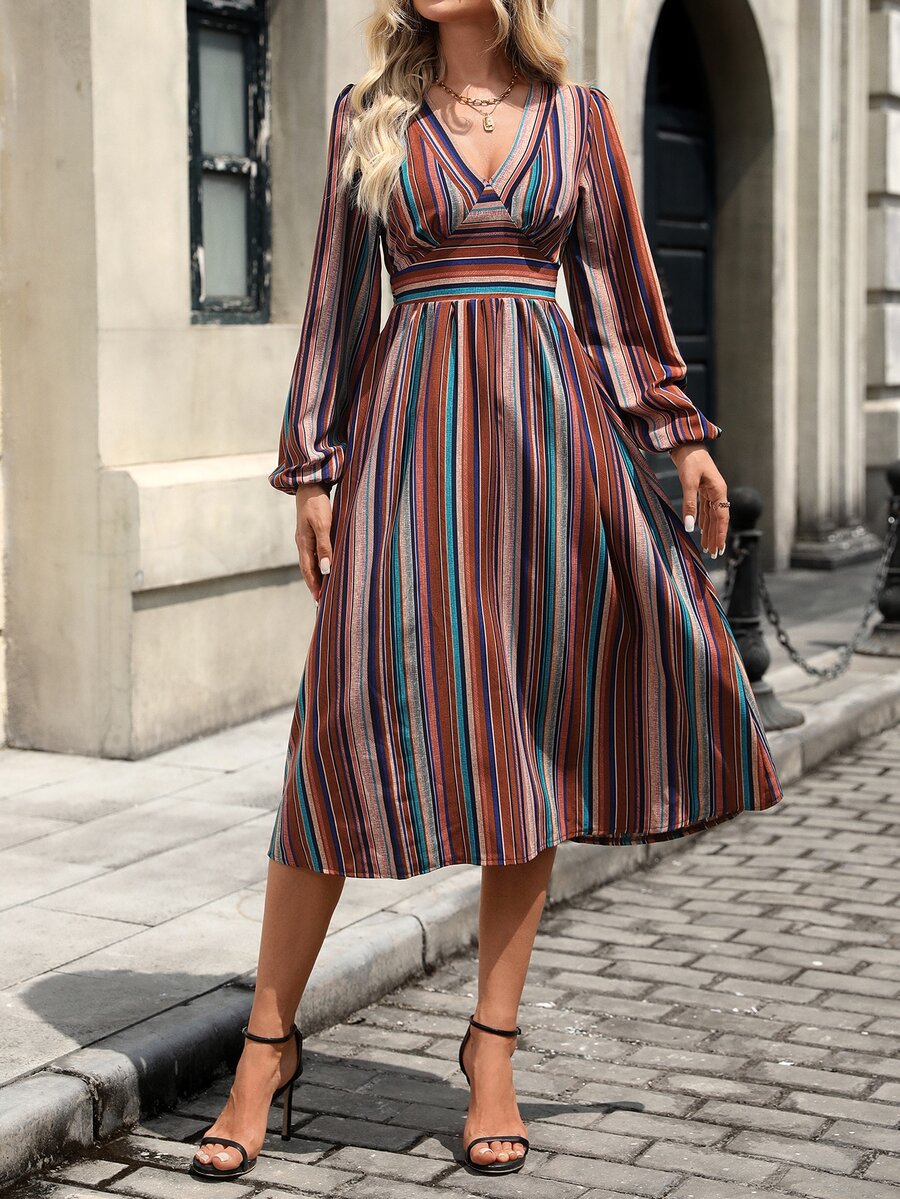 EMERY ROSE Autumn/Winter Women's Colorblock Brown And Teal Stripe V-Neck Midi Dress Lantern Long Sleeves High Waist Ruched A-Line Slimming Vintage Elegant Brunch - Multicolor - View 1