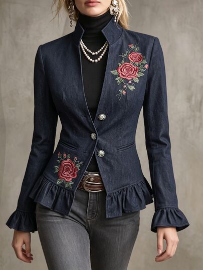 SHEIN Damska vintage marynarka z kołnierzem stójką, wcięciem w talii, jednorzędowa, z metalowymi guzikami, minimalistyczna, o kroju dopasowanym i wyszczuplającym, elegancka