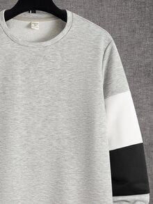 SHEIN 青少年男孩休閒圓領長袖拼色拼接袖衛衣，寬鬆版型，適合春夏秋冬，休閒學院風 - 淺灰色 - 查看 7