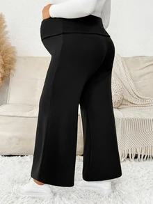 Plussiva Plus Size Maternity Solid Color Adjustable Waist Casual Daily Long Pants - Black - View 2