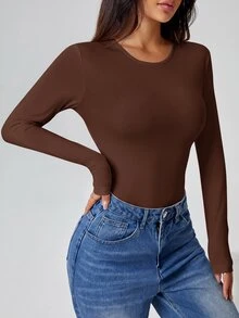 SHEIN PETITE 純色長袖修身白色T恤連身褲 - 棕色 - 查看 3