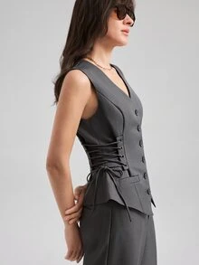 Ontre Women's Gray V-Neck Sleeveless Blazer And Straight-Leg Capri Pants, Urban Fashion Business Casual Office Work Wear, Elegant Commuter Suit Set Summer - Grey - View 2